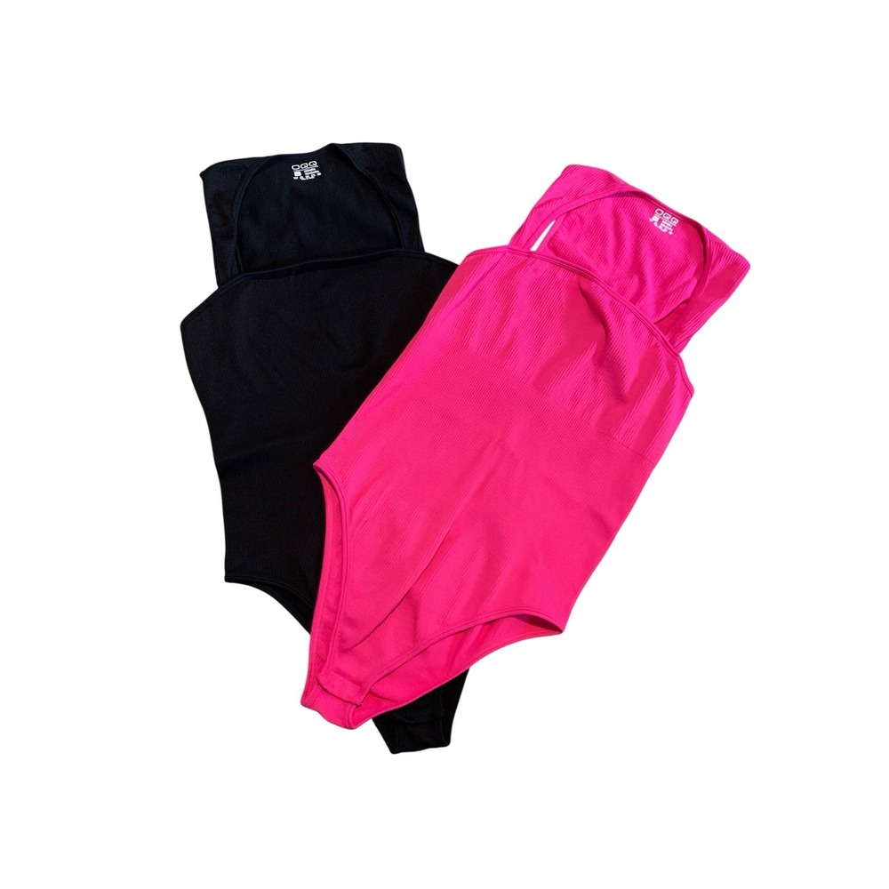 OQQ Bodysuit 2 Pack Large Black Hot Pink Ribbed Square Neck Seamless Compression